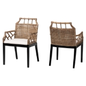 bali & pari Abiel Natural Rattan 2-Piece Dining Armchair Set with Cushion - Handwoven Wicker Chair with Mahogany Wood Frame, Coastal Boho Seating for Dining Room or Kitchen